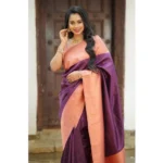 Women's Soft Lichi Silk Printed Saree With Unstitched Blouse 5.5Mtr (Purple) - Image 2