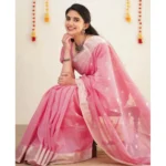 Women's Soft Lichi Silk Printed Saree With Unstitched Blouse 5.5Mtr (Pink) - Image 2