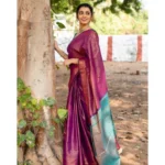 Women's Soft Lichi Silk Printed Saree With Unstitched Blouse 5.5Mtr (Purple) - Image 2