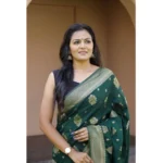 Women's Soft Lichi Silk Printed Saree With Unstitched Blouse 5.5Mtr (Bottle-Green) - Image 2