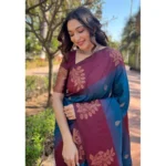 Women's Soft Lichi Silk Printed Saree With Unstitched Blouse 5.5Mtr (Blue) - Image 2