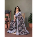 Women's Chiffon Printed Saree With Unstitched Blouse 5.5Mtr (Grey) - Image 2