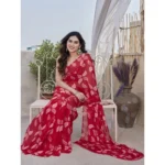 Women's Chiffon Printed Saree With Unstitched Blouse 5.5Mtr (Red) - Image 2