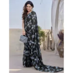 Women's Chiffon Printed Saree With Unstitched Blouse 5.5Mtr (Black) - Image 2