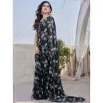 Women's Chiffon Printed Saree With Unstitched Blouse 5.5Mtr (Black) - Image 3