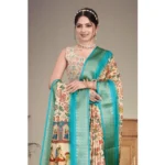 Women's Cotton Silk  Printed Saree With Unstitched Blouse 5.5Mtr (Sky Blue) - Image 2