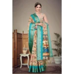 Women's Cotton Silk  Printed Saree With Unstitched Blouse 5.5Mtr (Sky Blue) - Image 3