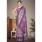 Women's Cotton Silk  Printed Saree With Unstitched Blouse 5.5Mtr (Purple) - Image 3