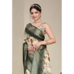 Women's Cotton Silk  Printed Saree With Unstitched Blouse 5.5Mtr (Green) - Image 4
