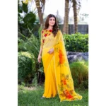 Women's Georgette  Printed Saree With Unstitched Blouse 5.5Mtr (Yellow) - Image 4