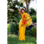 Women's Georgette  Printed Saree With Unstitched Blouse 5.5Mtr (Yellow) - Image 3