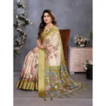 Women's Cotton Silk  Printed Saree With Unstitched Blouse 5.5Mtr (Olive Green) - Image 3