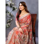 Women's Linen Cotton  Printed Saree With Unstitched Blouse 5.5Mtr (Orange ) - Image 3