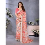 Women's Linen Cotton  Printed Saree With Unstitched Blouse 5.5Mtr (Orange ) - Image 2