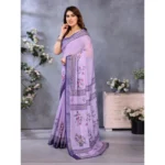 Women's Linen Cotton  Printed Saree With Unstitched Blouse 5.5Mtr (Purple) - Image 4