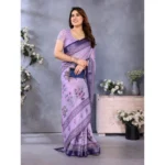Women's Linen Cotton  Printed Saree With Unstitched Blouse 5.5Mtr (Purple) - Image 2