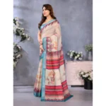 Women's Linen Cotton  Printed Saree With Unstitched Blouse 5.5Mtr (Cream) - Image 4