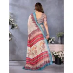Women's Linen Cotton  Printed Saree With Unstitched Blouse 5.5Mtr (Cream) - Image 3