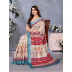 Women's Linen Cotton  Printed Saree With Unstitched Blouse 5.5Mtr (Cream) - Image 2