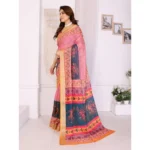 Women's Linen Cotton  Printed Saree With Unstitched Blouse 5.5Mtr (Pink) - Image 4
