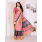 Women's Linen Cotton  Printed Saree With Unstitched Blouse 5.5Mtr (Pink) - Image 3
