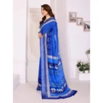 Women's Linen Cotton  Printed Saree With Unstitched Blouse 5.5Mtr (Blue) - Image 3