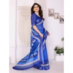 Women's Linen Cotton  Printed Saree With Unstitched Blouse 5.5Mtr (Blue) - Image 2