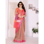 Women's Linen Cotton  Printed Saree With Unstitched Blouse 5.5Mtr (Orange ) - Image 2