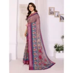 Women's Linen Cotton  Printed Saree With Unstitched Blouse 5.5Mtr (Wine ) - Image 2