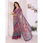 Women's Linen Cotton  Printed Saree With Unstitched Blouse 5.5Mtr (Wine ) - Image 3