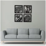 7 Decore Wooden 4 Pieces Square Tree Leaf Wall Art Panel Frame – Black (Big Size)