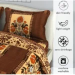 Fleece Floral Printed Double Polar Warm Bedsheet with 2 Pillow Cover (Brown) - Image 3
