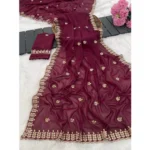 Women's Georgette Embroidered Saree With Unstitched Blouse 5.5Mtr (Red) - Image 2