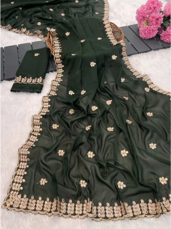 Women's Georgette Embroidered Saree With Unstitched Blouse 5.5Mtr (Green)