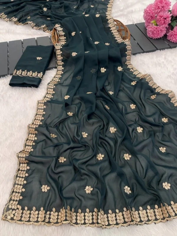 Women's Georgette Embroidered Saree With Unstitched Blouse 5.5Mtr (Teal)