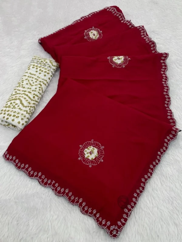 Women's Chiffon Butti Dotted Saree With Unstitched Blouse 5.5Mtr (Red)