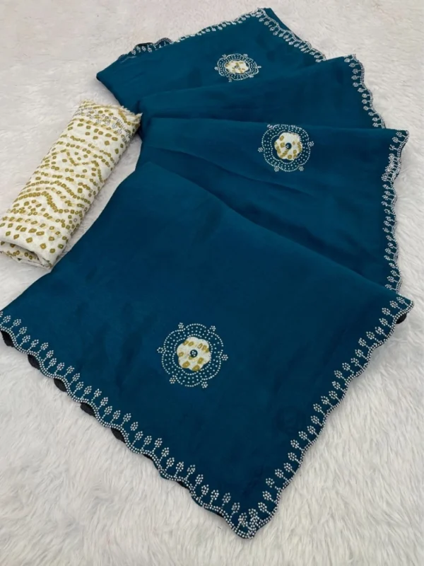 Women's Chiffon Butti Dotted Saree With Unstitched Blouse 5.5Mtr (Blue)
