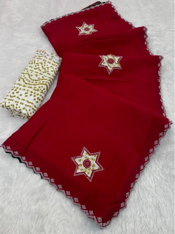 Women's Chiffon Butti Dotted Saree With Unstitched Blouse 5.5Mtr (Red)