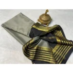 Women's Crepe Chit Pallu Solid Saree With Unstitched Blouse 5.5Mtr (Gray) - Image 2