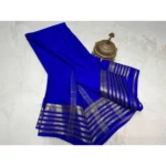 Women's Crepe Chit Pallu Solid Saree With Unstitched Blouse 5.5Mtr (Blue) - Image 2