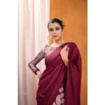 Women's Satin Crepe Printed Saree With Unstitched Blouse 5.5Mtr (Maroon) - Image 3