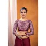 Women's Satin Crepe Printed Saree With Unstitched Blouse 5.5Mtr (Maroon) - Image 2