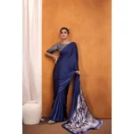 Women's Satin Crepe Printed Saree With Unstitched Blouse 5.5Mtr (Navy Blue) - Image 4