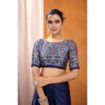 Women's Satin Crepe Printed Saree With Unstitched Blouse 5.5Mtr (Navy Blue) - Image 2