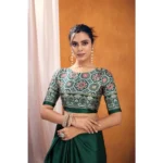 Women's Satin Crepe Printed Saree With Unstitched Blouse 5.5Mtr (Bottle Green) - Image 2