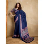 Women's Satin Crepe Printed Saree With Unstitched Blouse 5.5Mtr (Navy Blue) - Image 3