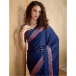 Women's Satin Crepe Printed Saree With Unstitched Blouse 5.5Mtr (Navy Blue) - Image 2