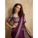Women's Satin Crepe Printed Saree With Unstitched Blouse 5.5Mtr (Purple) - Image 2