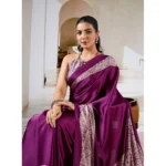 Women's Satin Crepe Printed Saree With Unstitched Blouse 5.5Mtr (Purple) - Image 3