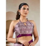 Women's Satin Crepe Printed Saree With Unstitched Blouse 5.5Mtr (Purple) - Image 2
